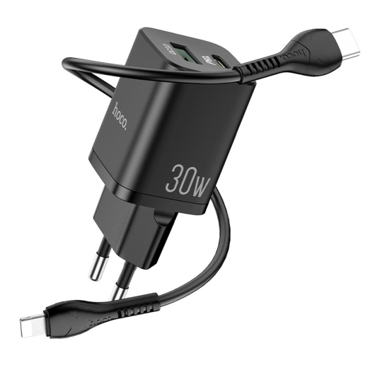 Блок питания сетевой 1 USB, Type-C HOCO N13,QC3.0,30Вт,чер.+lighting