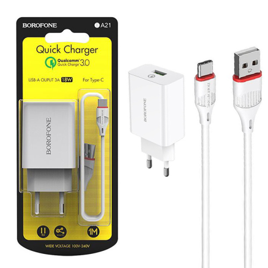 Сетевое зарядное устройство Borofone BA21A QC3.0 charger с кабелем USB-C Белое