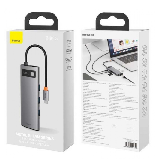 Хаб Baseus, Metal Gleam, 8 гнезд,PD, 3xUSB3.0, HDMI, кабель Type-C, цвет: серый