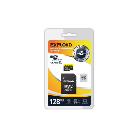 Карта памяти microSDXC 128Gb Exployd, Class10, UHS-1 Elite SD 45 MB/s, с адаптером